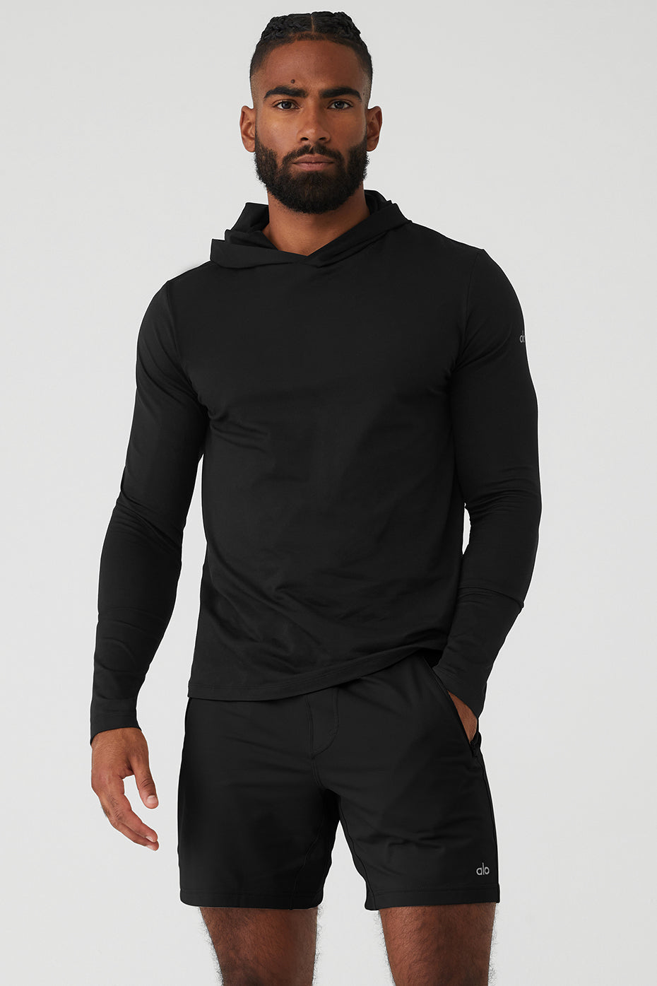 Black Men's Alo Yoga Conquer Reform With Hood Long Sleeve | WNX-408256