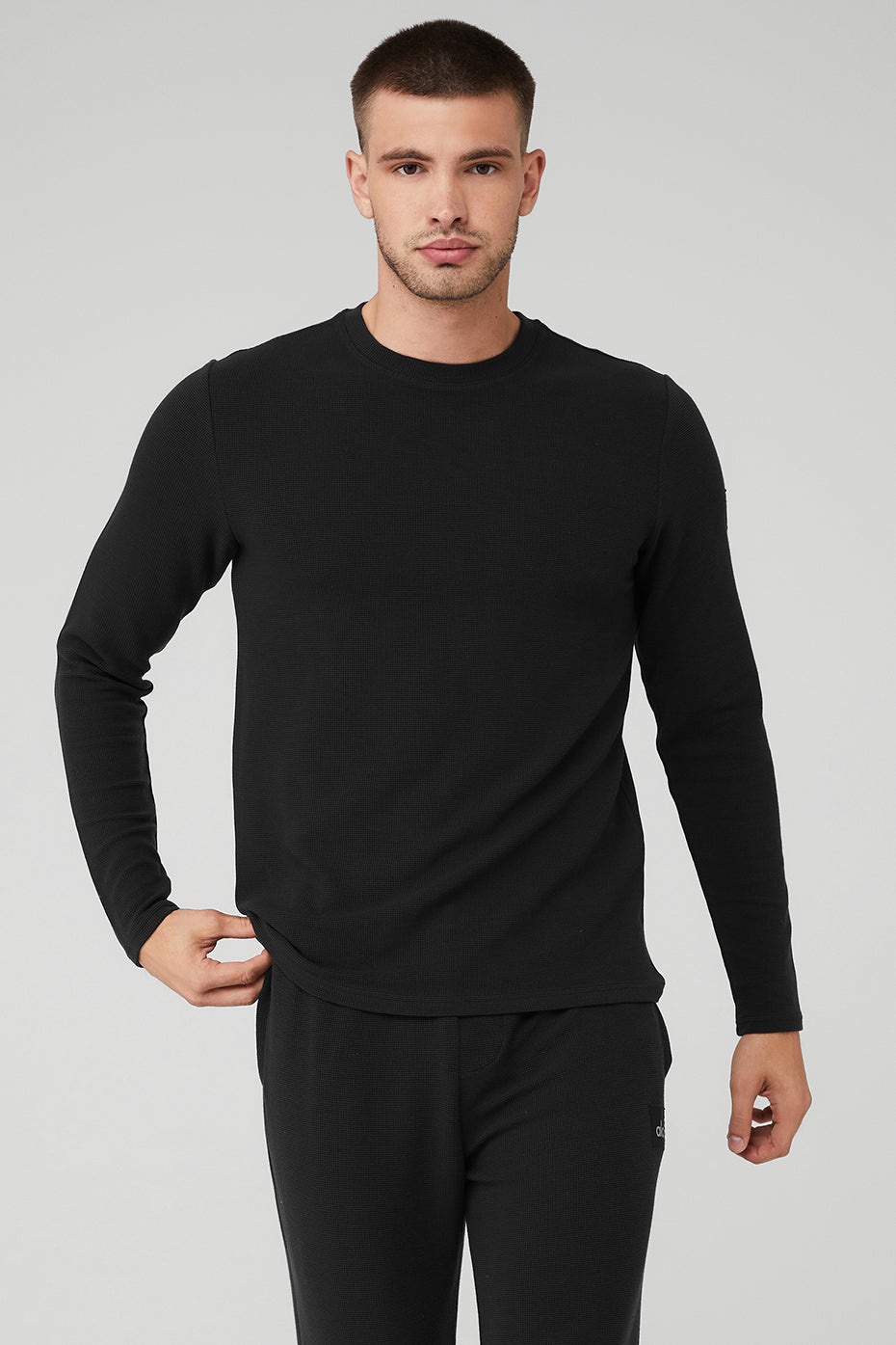 Black Men's Alo Yoga Micro Waffle Fast Break Tee Long Sleeve | DSN-376921