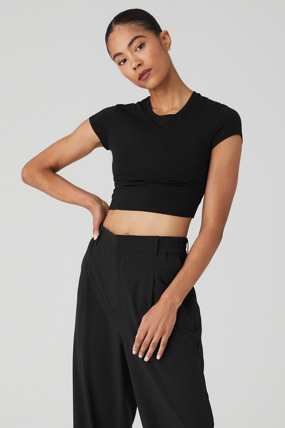 Black Women's Alo Yoga Alosoft Crop Finesse Short Sleeve | KNB-652917