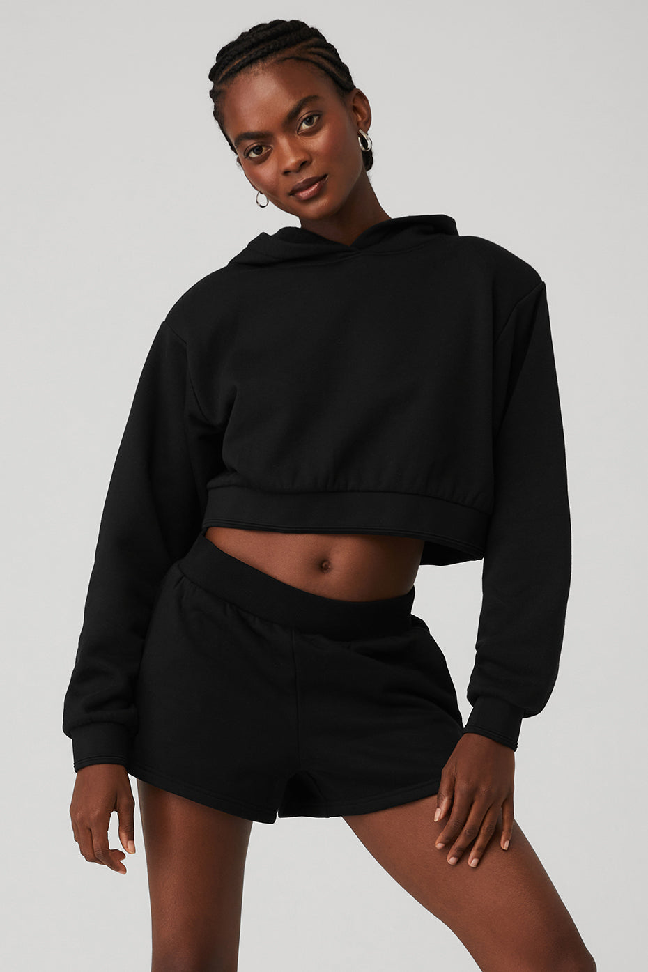 Black Women's Alo Yoga Cropped Headliner Shoulder Pad Hoodie | BHG-913064