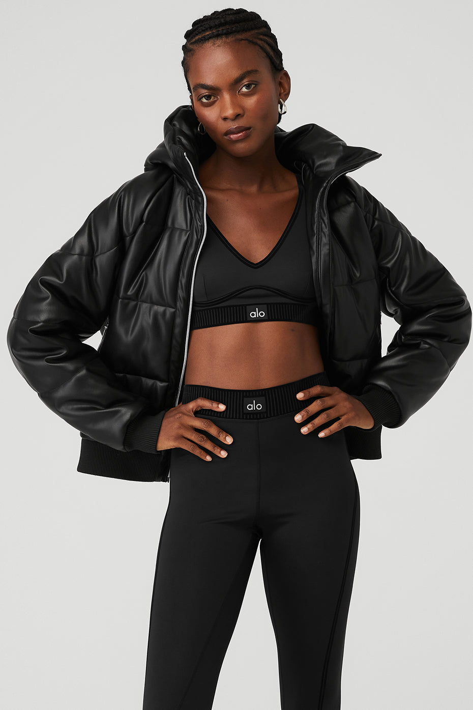 Black Women's Alo Yoga Faux Leather Boss Puffer Jackets | ZNS-439058