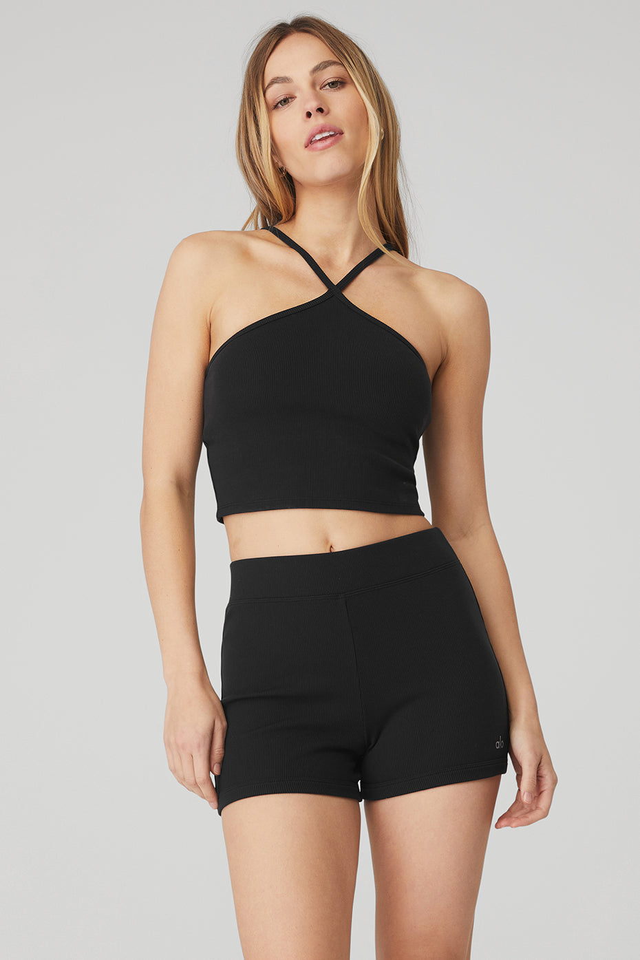 Black Women's Alo Yoga Goddess Ribbed Cross Crop Tanks | MIG-581607