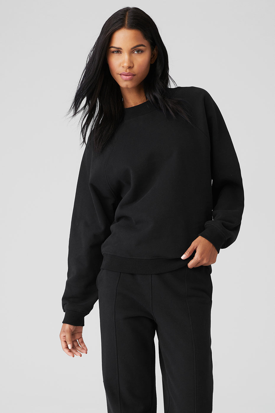 Black Women's Alo Yoga Heavy Weight Free Time Crew Neck Pullover Sweatshirts | OKJ-049328