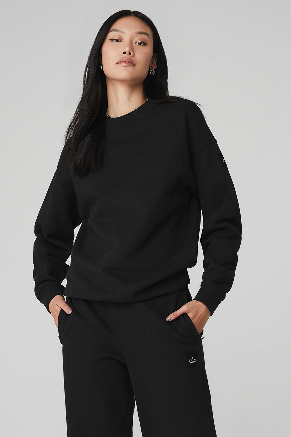 Black Women's Alo Yoga Renown Heavy Weight Crew Neck Pullover Sweatshirts | FAK-294617