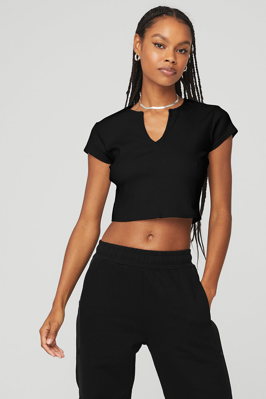 Black Women's Alo Yoga Ribbed Cropped Savvy Short Sleeve | GQL-395260