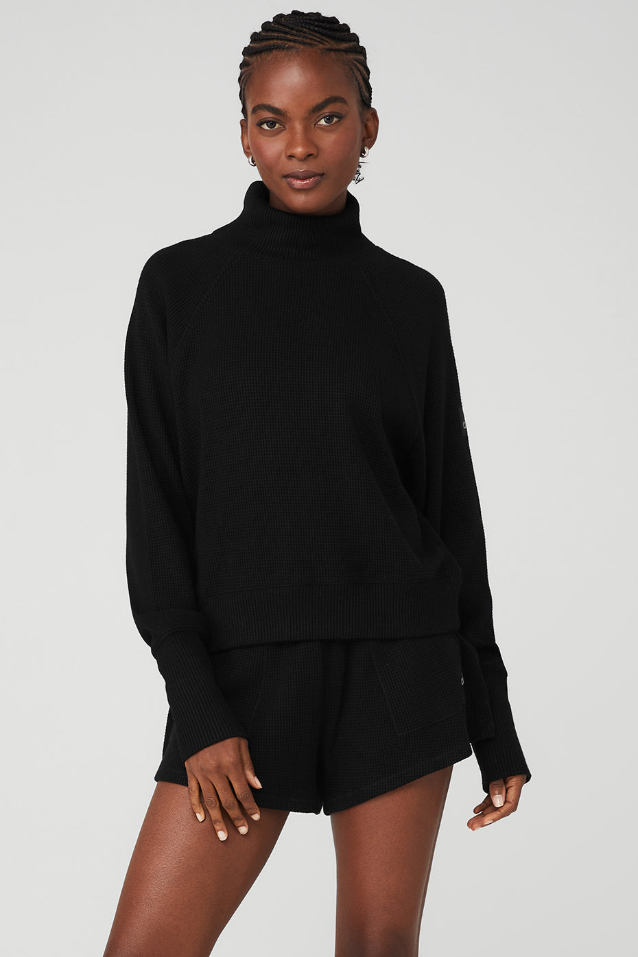 Black Women's Alo Yoga Waffle Weekend Escape Mock Neck Long Sleeve | GIT-592713