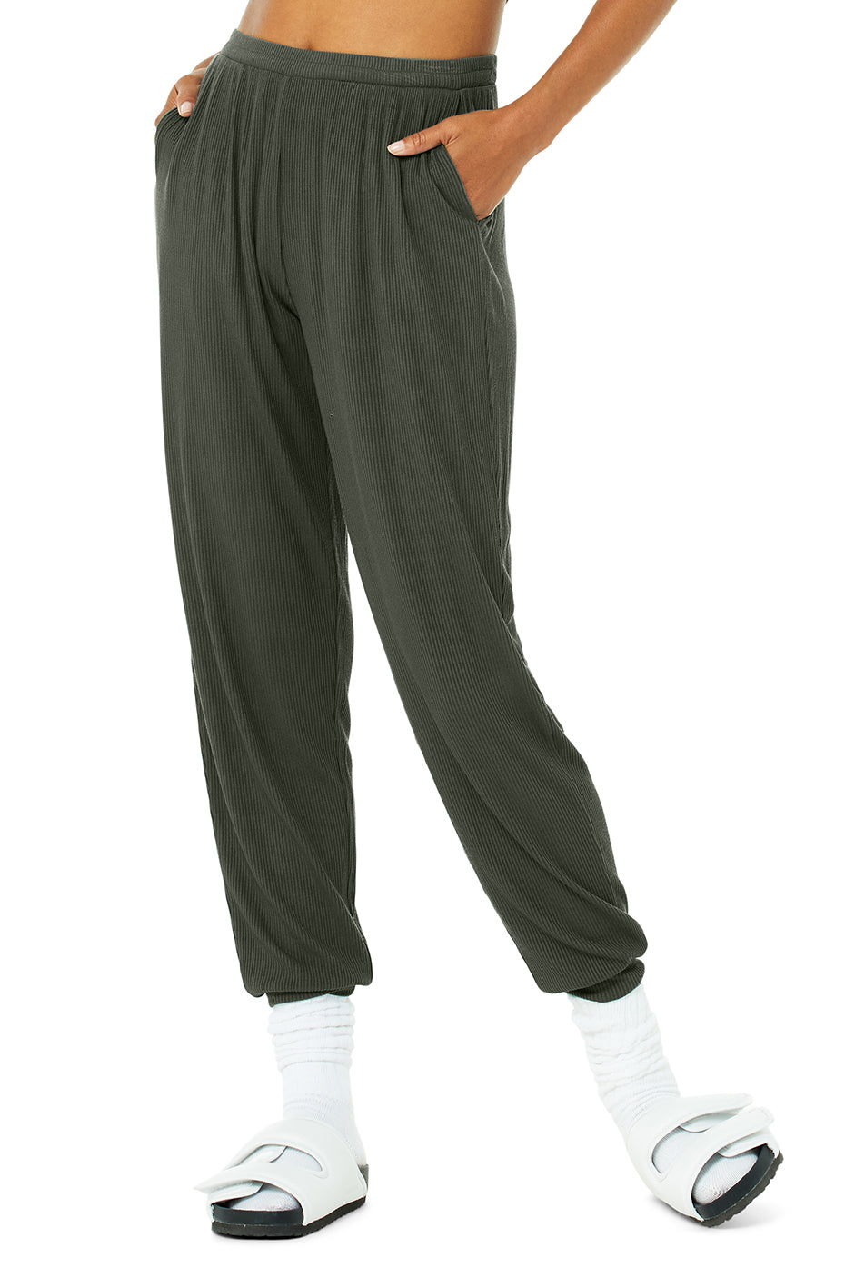 Dark Green Women's Alo Yoga High-Waist Ribbed Whisper Sweatpants | VTO-678294