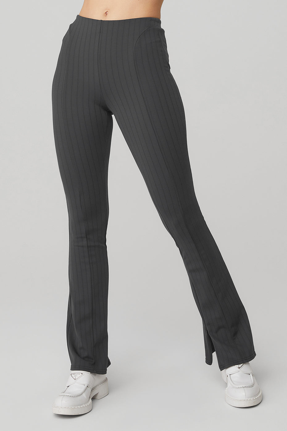 Dark Grey / Black Women's Alo Yoga High-Waist Pinstripe Zip It Flare Leggings | LPM-305982