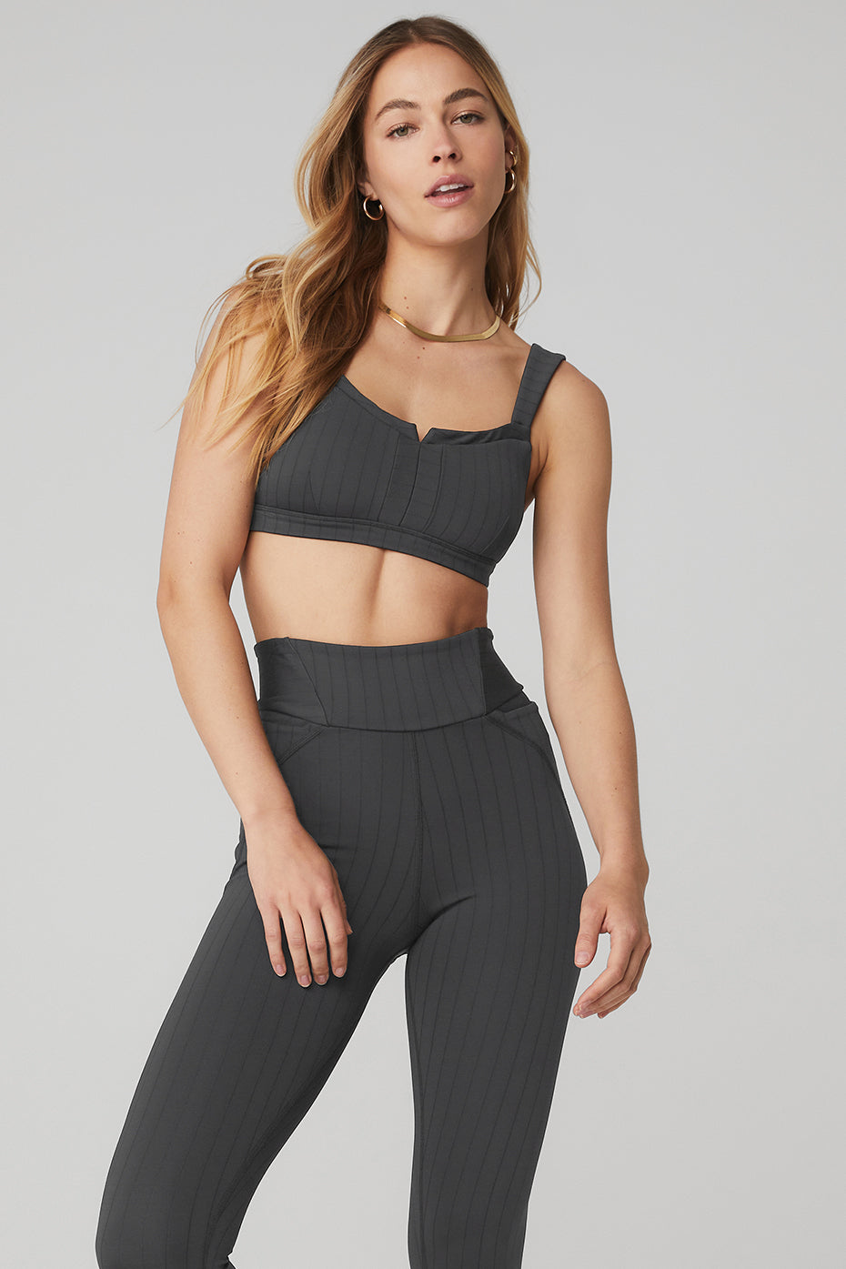 Dark Grey / Black Women's Alo Yoga Pinstripe Jacquardtivate Bras | YAM-065179