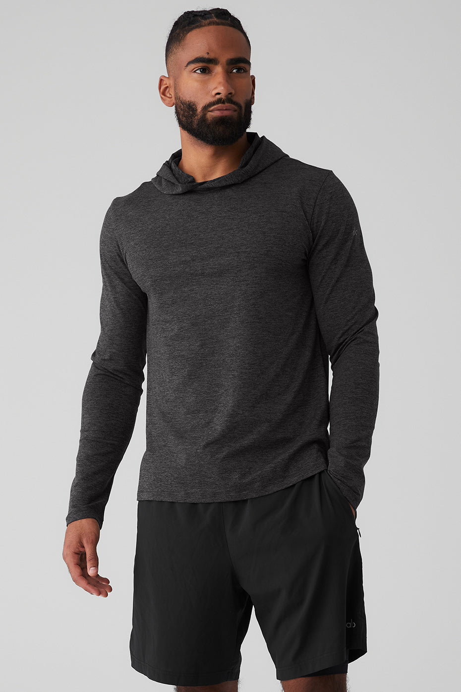 Dark Grey Men's Alo Yoga Conquer Reform With Hood Long Sleeve | AJD-219405