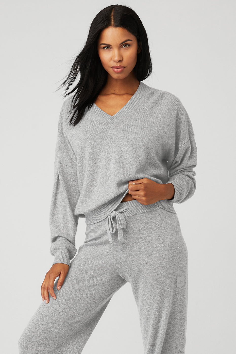 Grey Women's Alo Yoga Cashmere Jet Set V-Neck Pullover Sweatshirts | NBO-297516