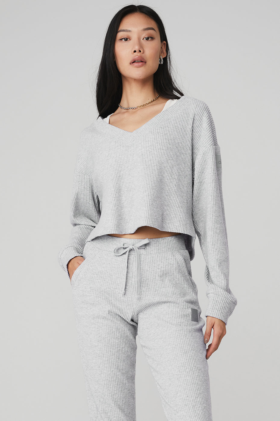 Grey Women's Alo Yoga Muse V-Neck Pullover Sweatshirts | QFU-507891