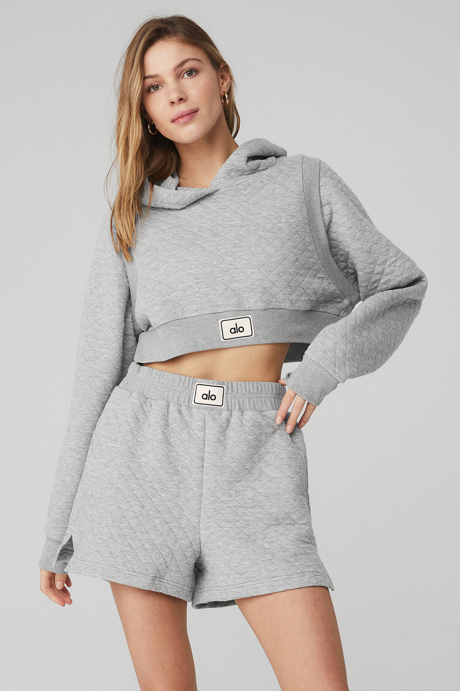 Grey Women's Alo Yoga Quilted Cropped Arena Hoodie | LZW-264981