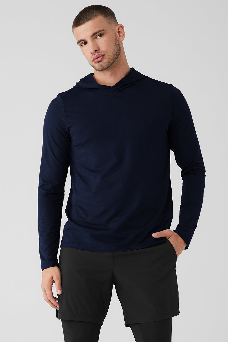 Navy Men's Alo Yoga Conquer Reform With Hood Long Sleeve | EGD-972835