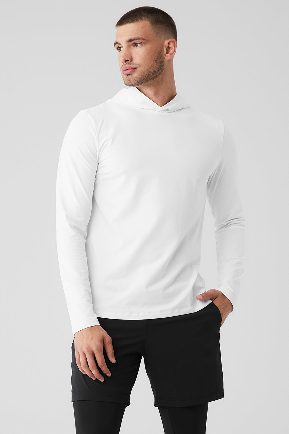 White Men's Alo Yoga Conquer Reform With Hood Long Sleeve | SXN-625703