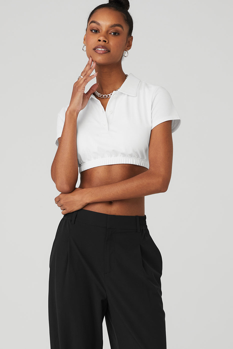 White Women's Alo Yoga Cropped Prestige Polo Short Sleeve | IDL-058624