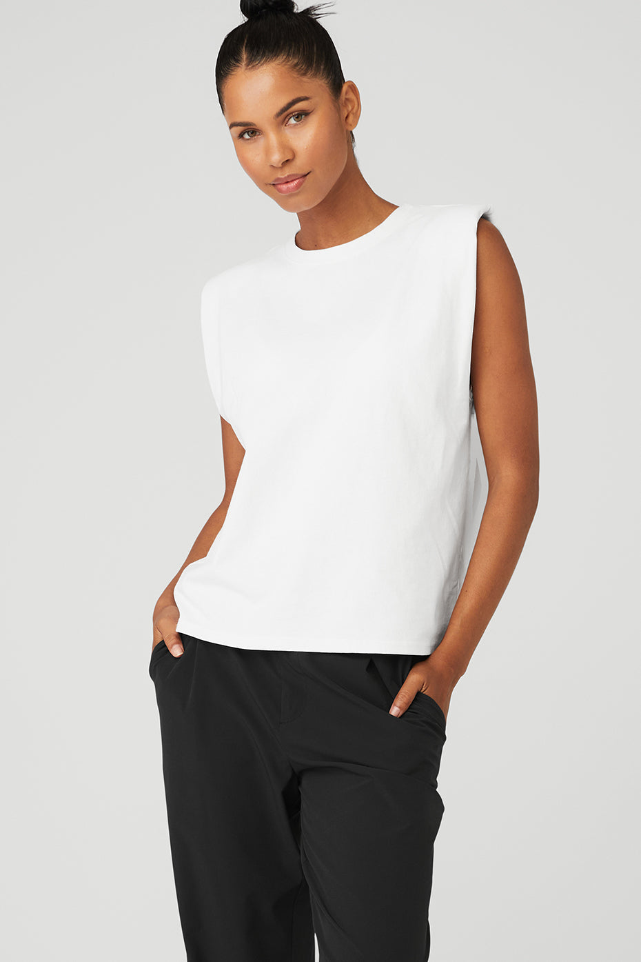 White Women's Alo Yoga Headliner Shoulder Pad Sleeveless Tee Tanks | OUW-190873