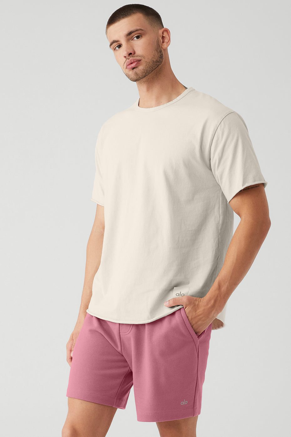 Beige Men's Alo Yoga Society Crewneck Tee Short Sleeve | VQS-479203