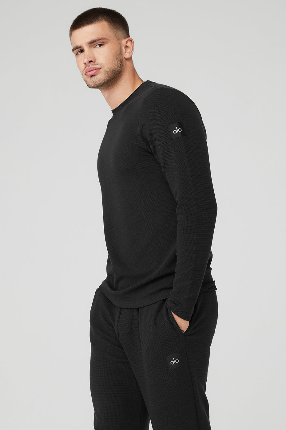 Black Men's Alo Yoga Micro Waffle Fast Break Tee Long Sleeve | DSN-376921