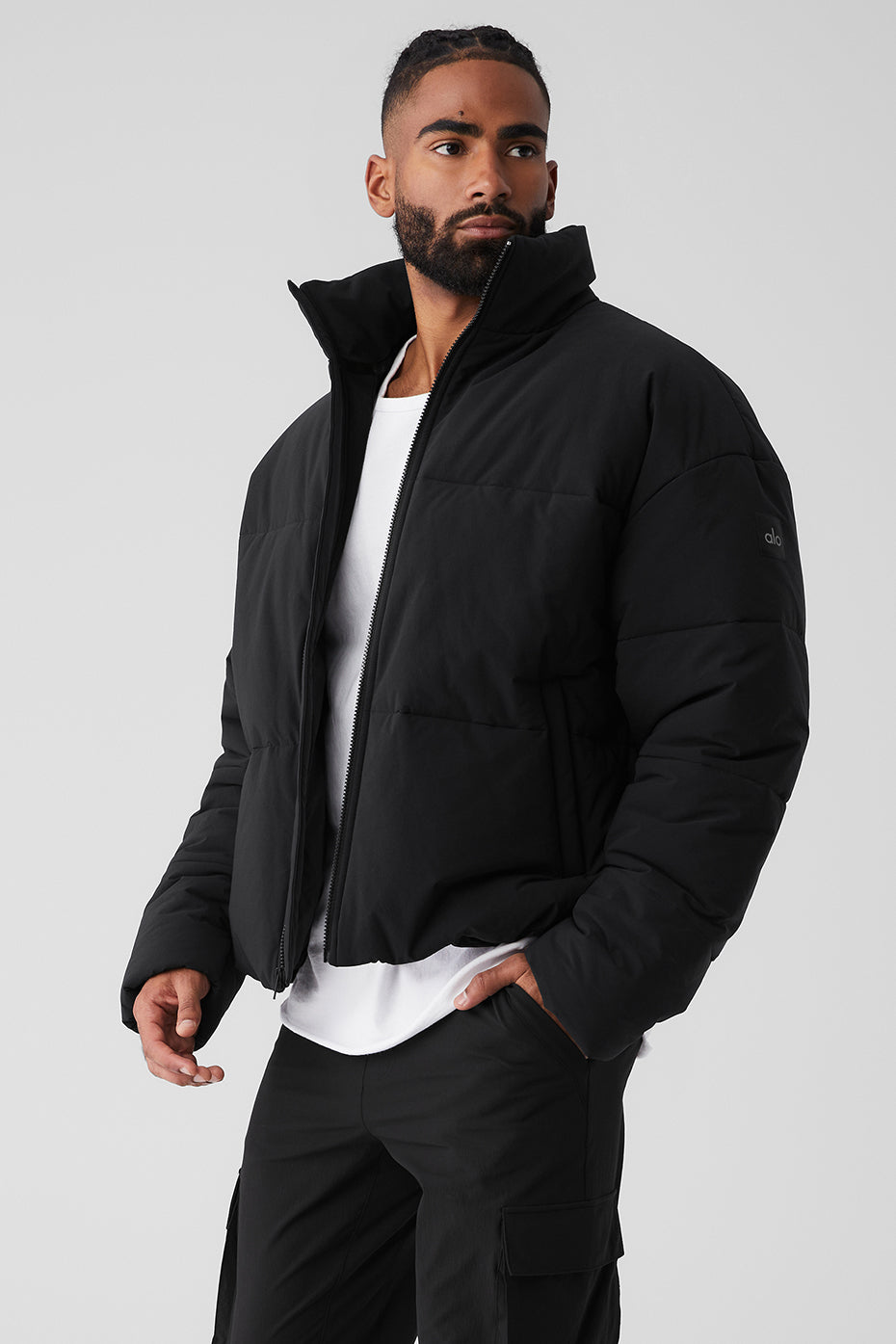 Black Men's Alo Yoga Stretch Woven Street Puffer Jackets | NLV-230596