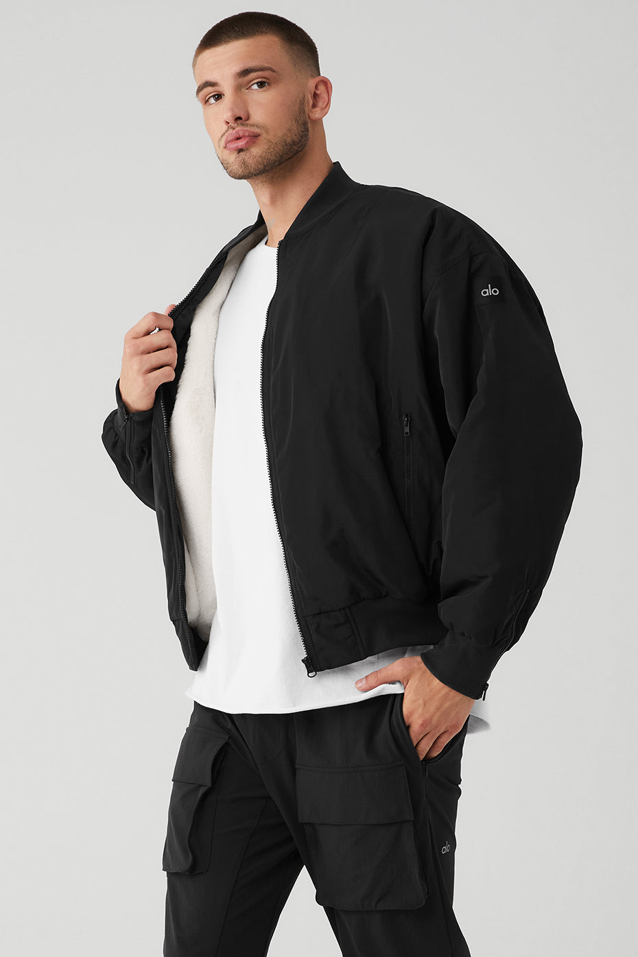 Black / White Men's Alo Yoga Faux Fur Urbanite Bomber Jackets | FCJ-714539