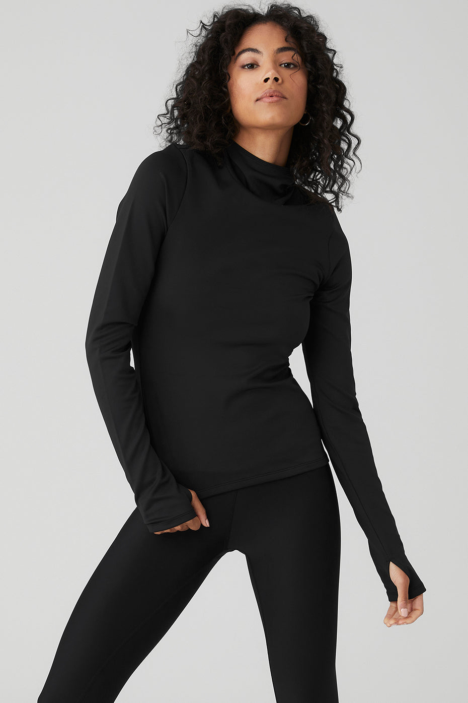 Black Women's Alo Yoga Airlift Winter Warm Hooded Runner Long Sleeve | ZLN-845379