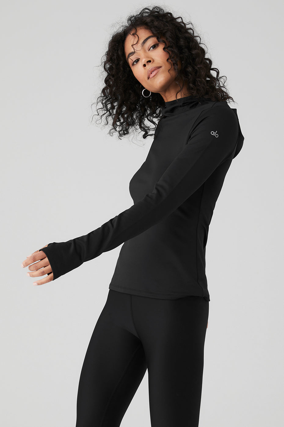 Black Women's Alo Yoga Airlift Winter Warm Hooded Runner Long Sleeve | ZLN-845379