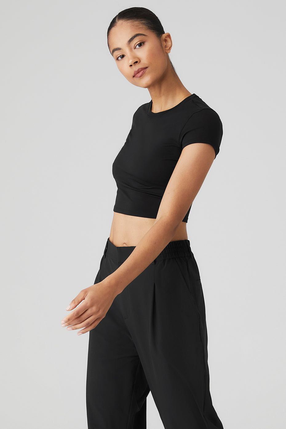 Black Women's Alo Yoga Alosoft Crop Finesse Short Sleeve | KNB-652917