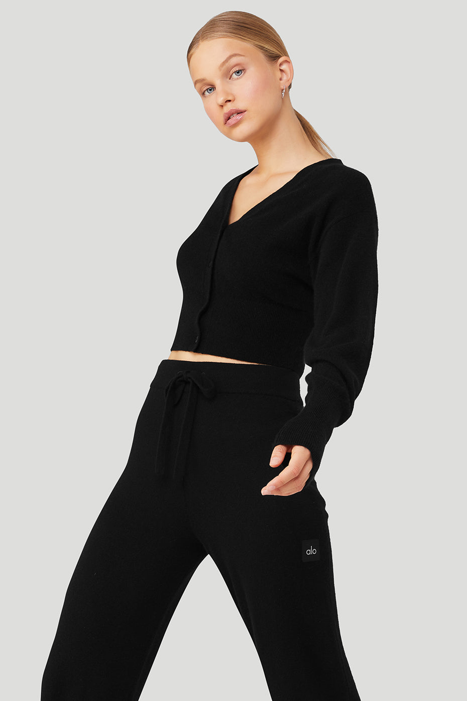 Black Women's Alo Yoga Cashmere Jet Set Cardigan Sweatshirts | NZR-609251