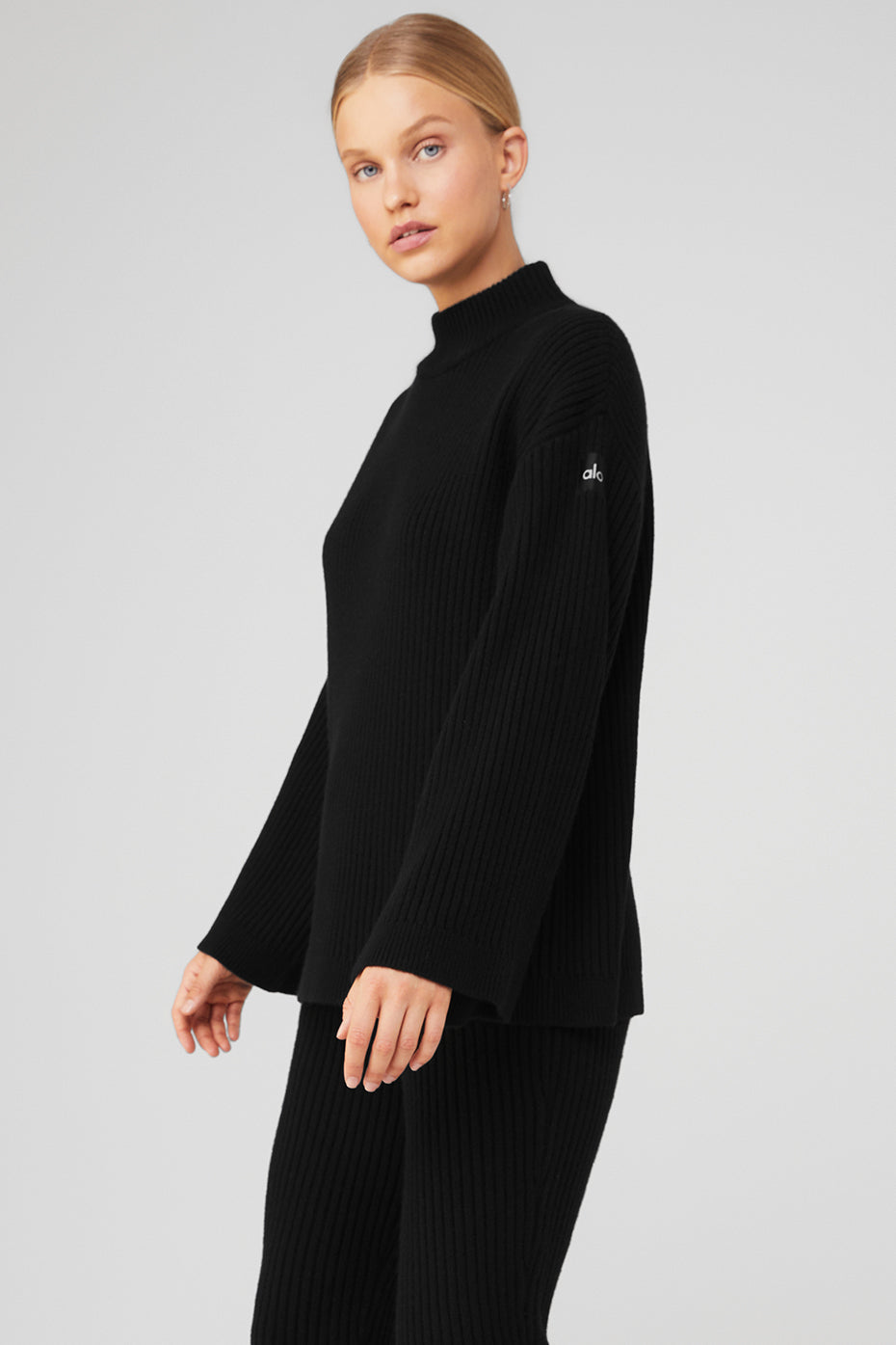 Black Women's Alo Yoga Cashmere Ribbed Winter Dream Mock Neck Coverup Long Sleeve | QJF-603728