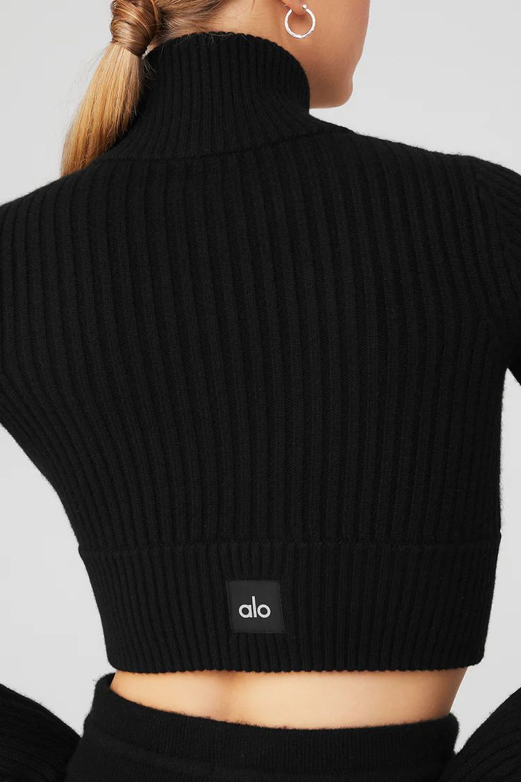 Black Women's Alo Yoga Cashmere Ribbed Winter Dream Cropped Turtleneck Long Sleeve | WOJ-153062