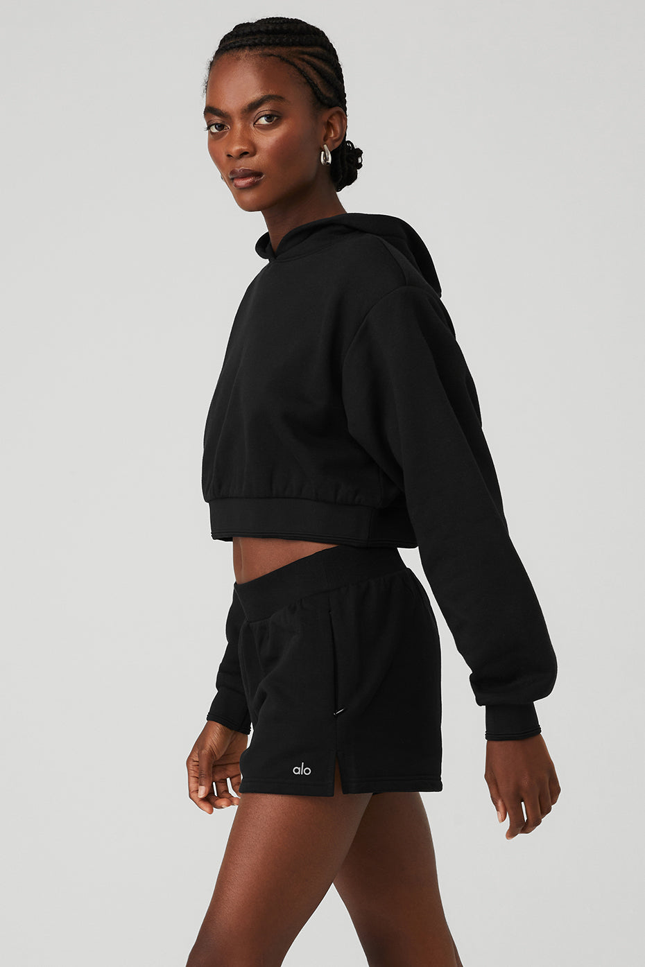 Black Women's Alo Yoga Cropped Headliner Shoulder Pad Hoodie | BHG-913064