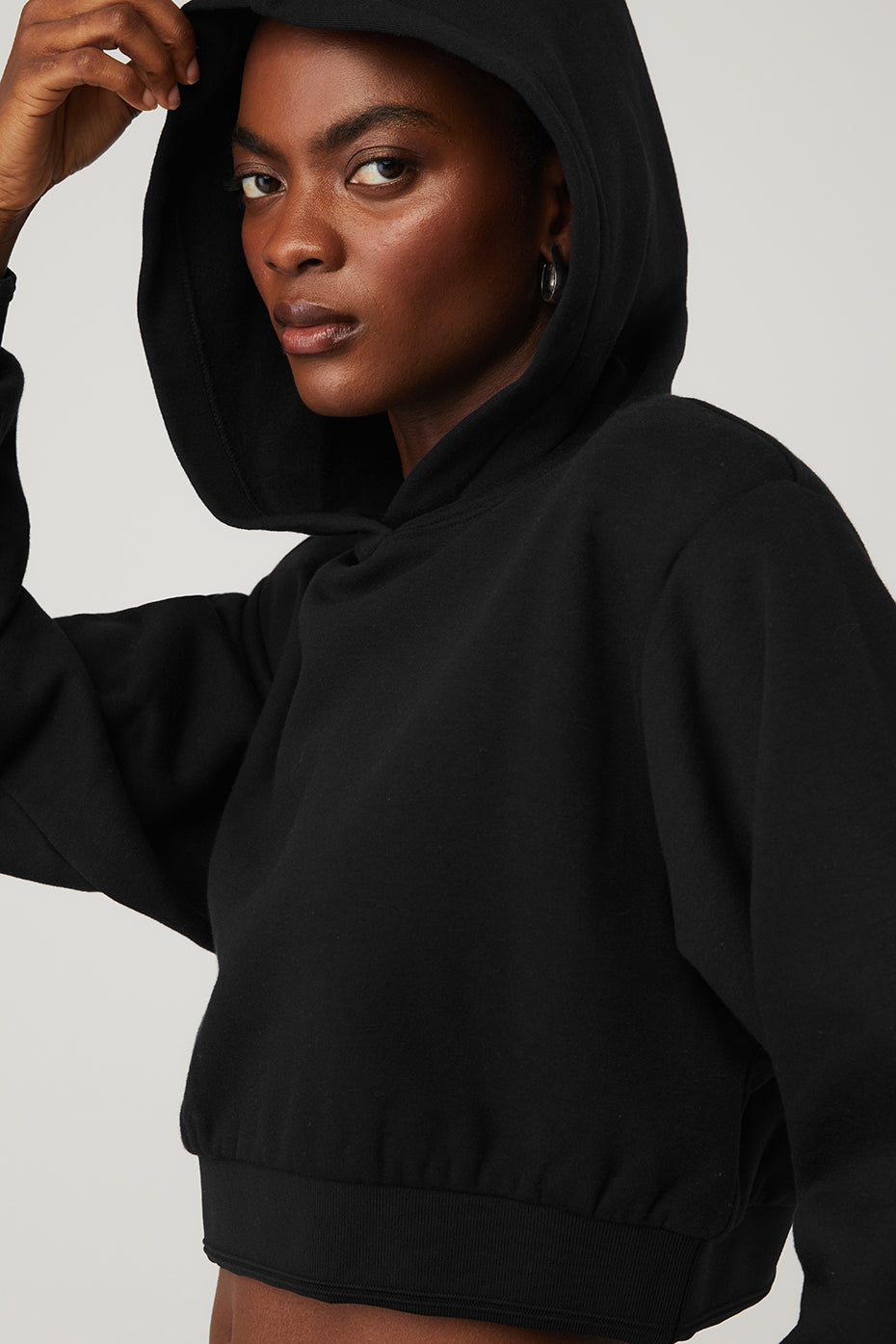 Black Women's Alo Yoga Cropped Headliner Shoulder Pad Hoodie | BHG-913064