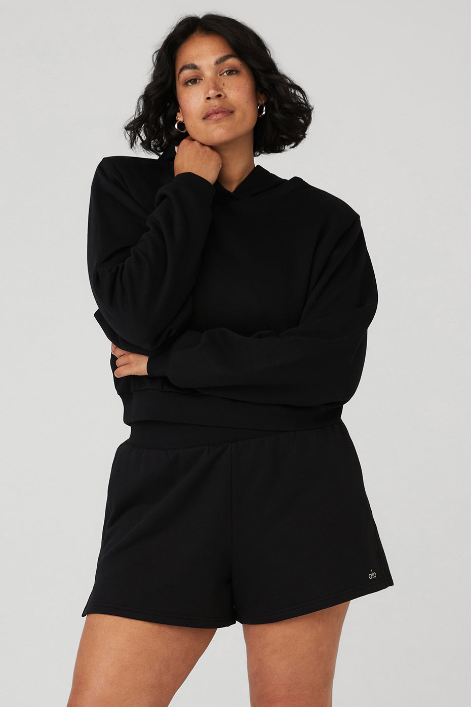 Black Women's Alo Yoga Cropped Headliner Shoulder Pad Hoodie | BHG-913064