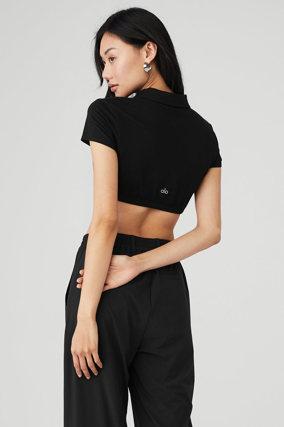 Black Women's Alo Yoga Cropped Prestige Polo Short Sleeve | XOD-732854