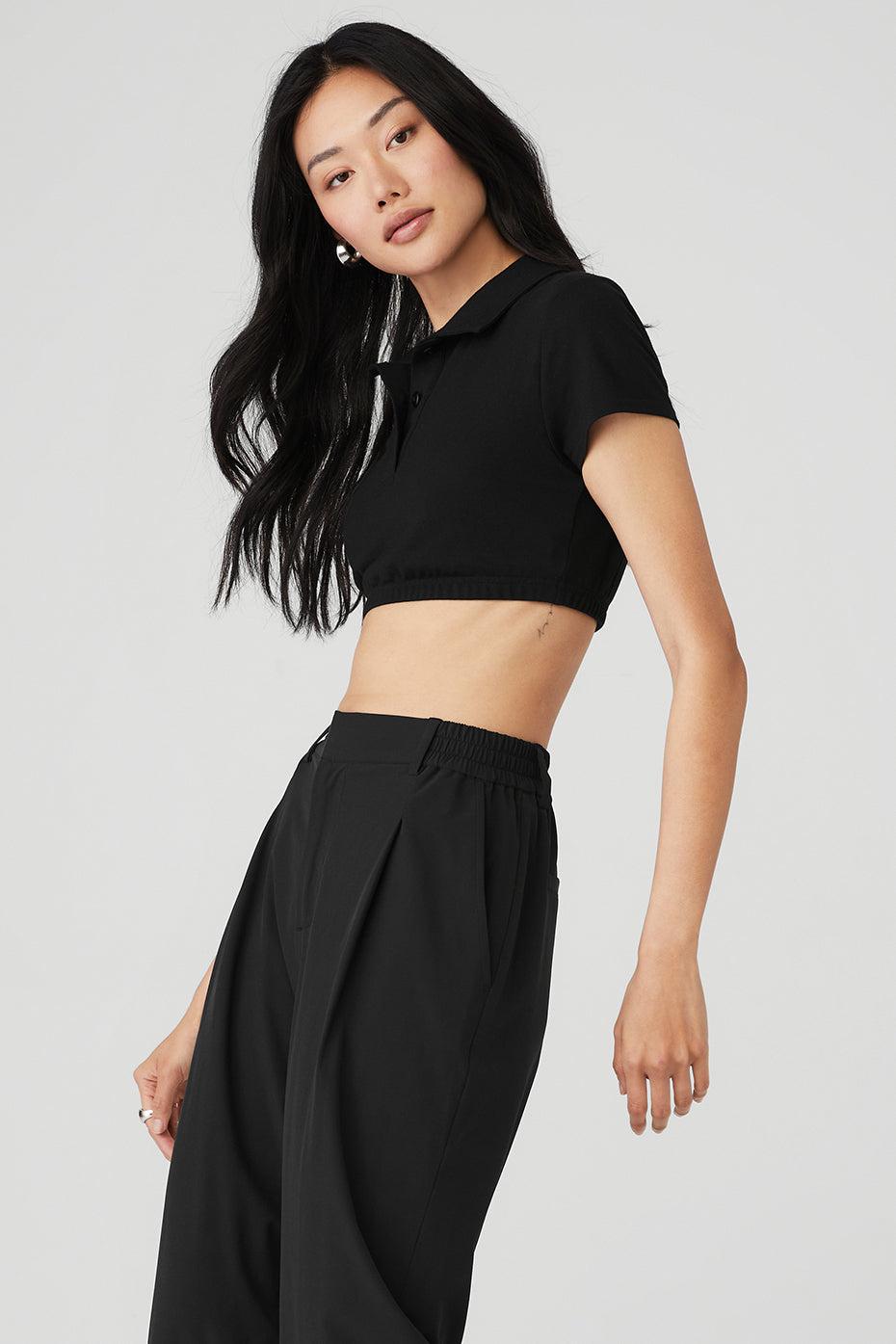 Black Women's Alo Yoga Cropped Prestige Polo Short Sleeve | XOD-732854