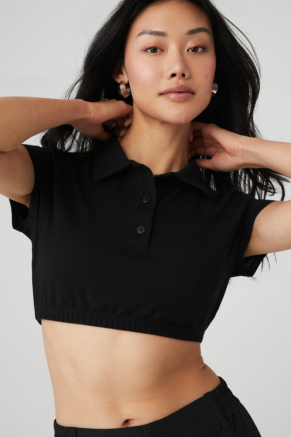 Black Women's Alo Yoga Cropped Prestige Polo Short Sleeve | XOD-732854