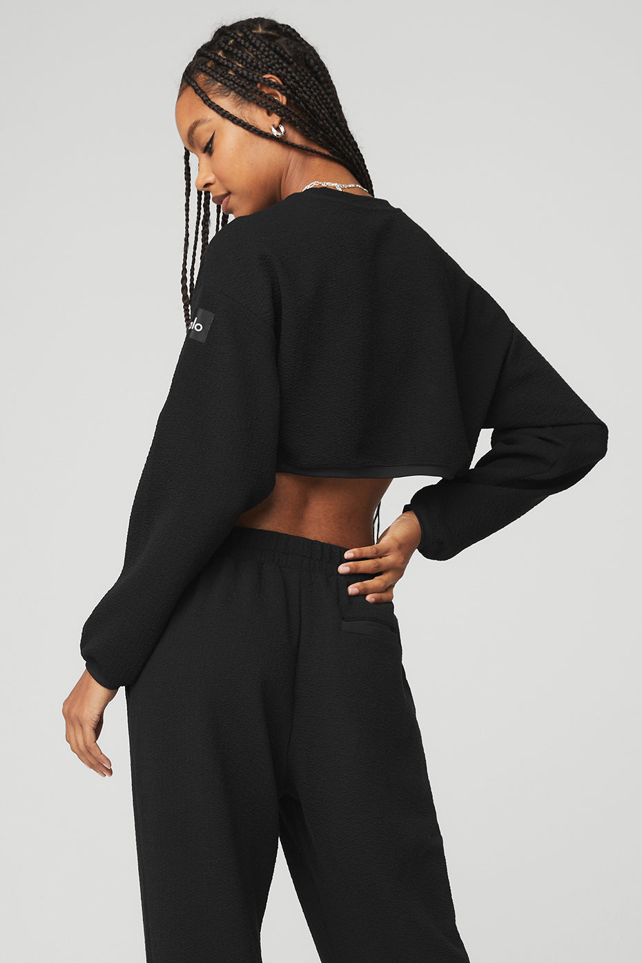 Black Women's Alo Yoga Cropped Tailored Crew Neck Long Sleeve | PTC-216345