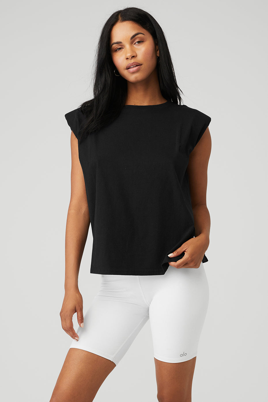 Black Women\'s Alo Yoga Headliner Shoulder Pad Sleeveless Tee Tanks | EQD-328617