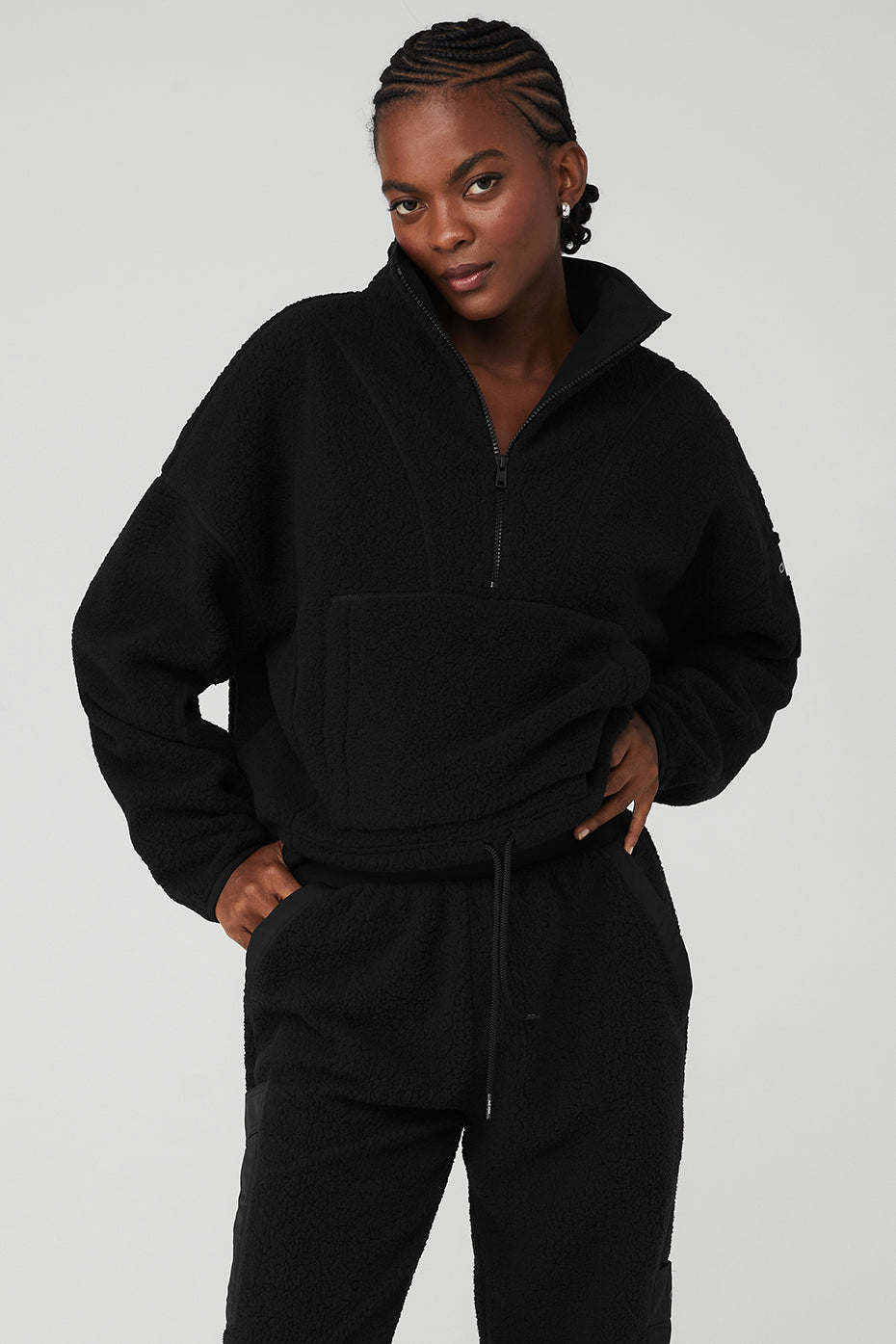 Black Women\'s Alo Yoga Micro Sherpa Cozy Cabin Half Zip Pullover Sweatshirts | MFD-193687