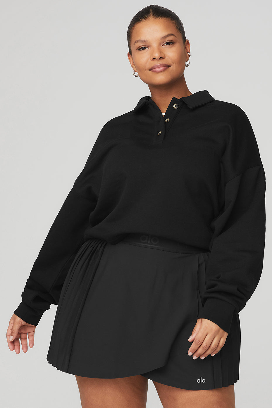 Black Women's Alo Yoga Polo Henley Pullover Long Sleeve | IOR-938452