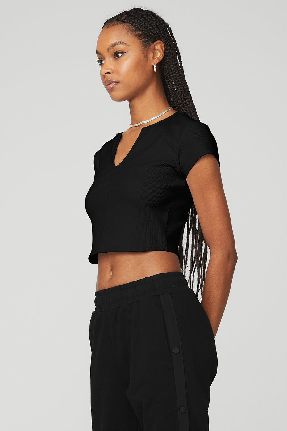 Black Women's Alo Yoga Ribbed Cropped Savvy Short Sleeve | GQL-395260