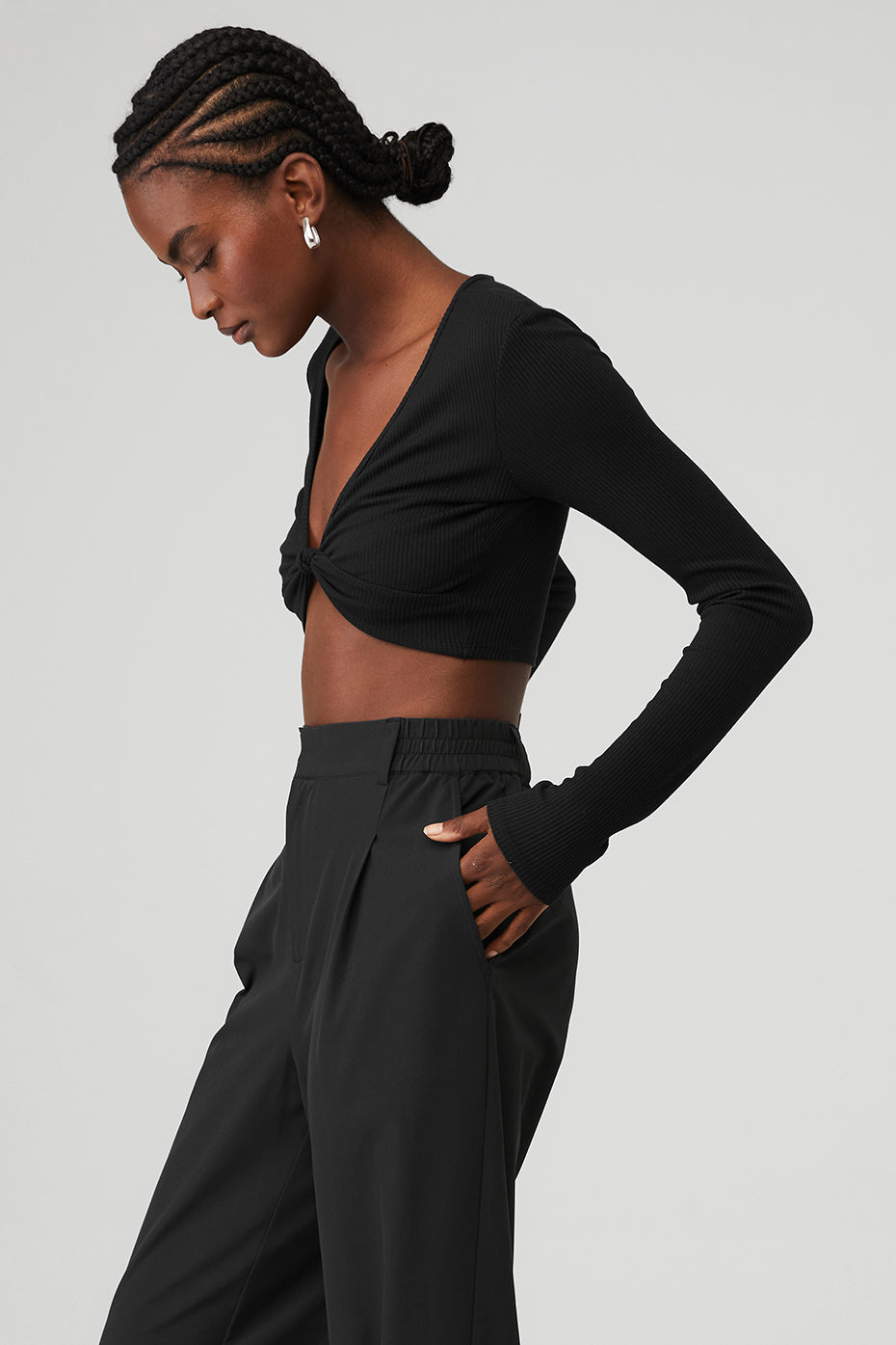 Black Women's Alo Yoga Ribbed Knotty Long Sleeve | GNE-748920