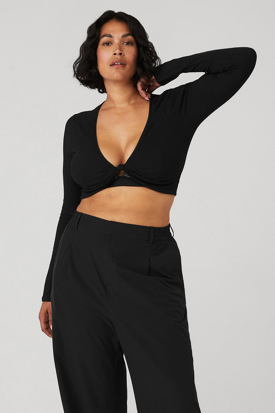 Black Women's Alo Yoga Ribbed Knotty Long Sleeve | GNE-748920