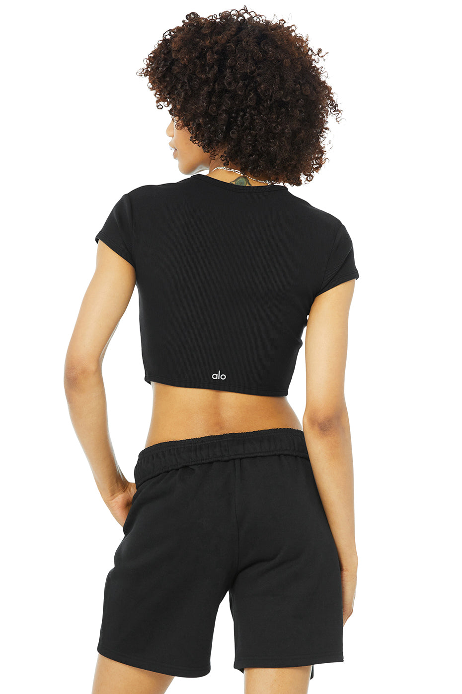 Black Women's Alo Yoga Ribbed Short Sleeve | LZH-362098