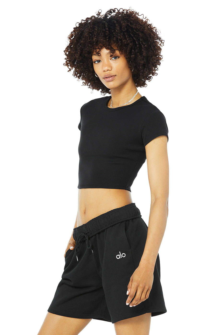 Black Women's Alo Yoga Ribbed Short Sleeve | LZH-362098