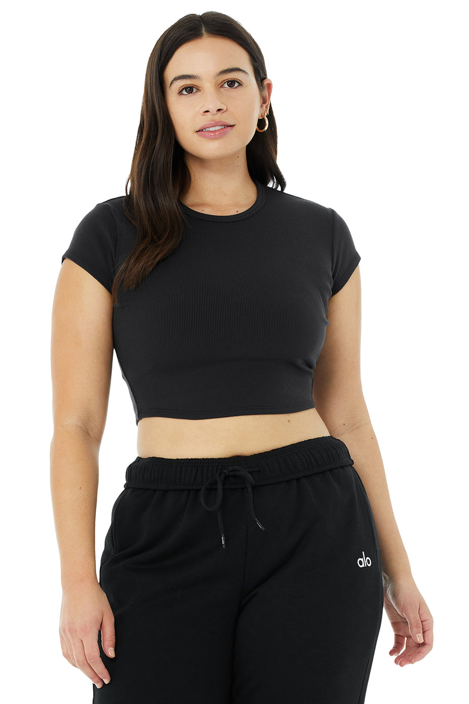 Black Women's Alo Yoga Ribbed Short Sleeve | LZH-362098