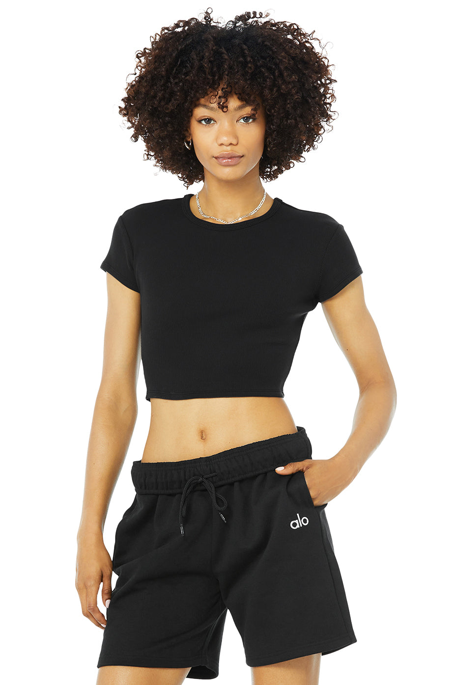 Black Women\'s Alo Yoga Ribbed Short Sleeve | LZH-362098