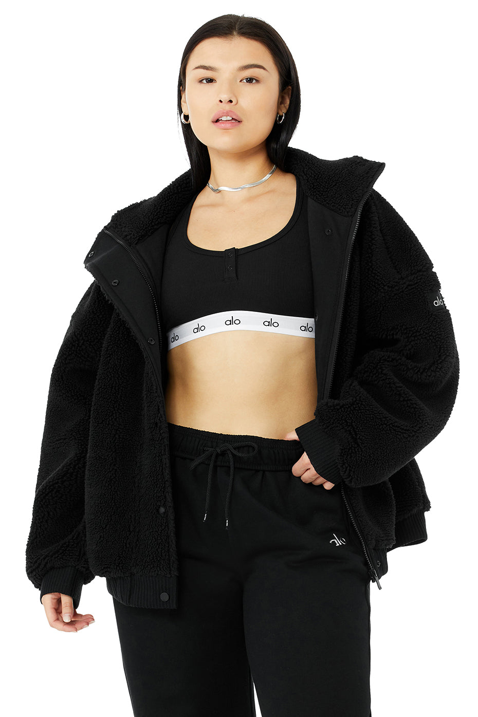 Black Women's Alo Yoga Sherpa Varsity Jackets | XST-016537