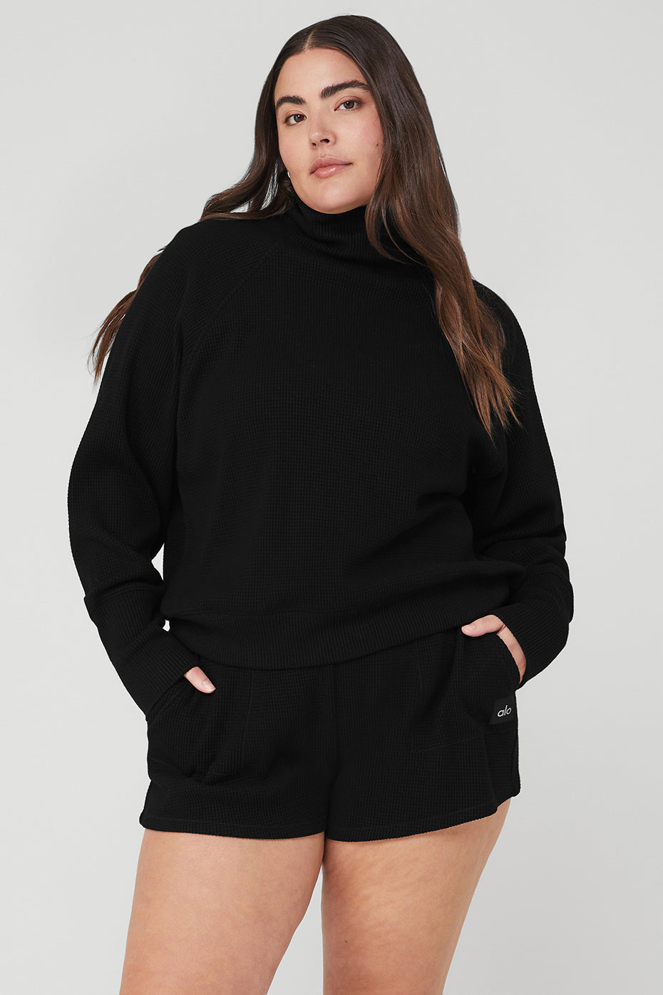 Black Women's Alo Yoga Waffle Weekend Escape Mock Neck Long Sleeve | GIT-592713